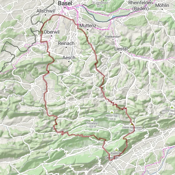 Mapa miniatúra "Gravelová trasa Ettingen" cyklistická inšpirácia v Espace Mittelland, Switzerland. Vygenerované cyklistickým plánovačom trás Tarmacs.app