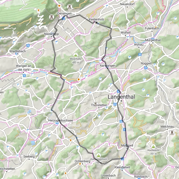 Karttaminiaatyyri "Erittäin herkullinen polkureitti Oensingeniin" pyöräilyinspiraatiosta alueella Espace Mittelland, Switzerland. Luotu Tarmacs.app pyöräilyreittisuunnittelijalla