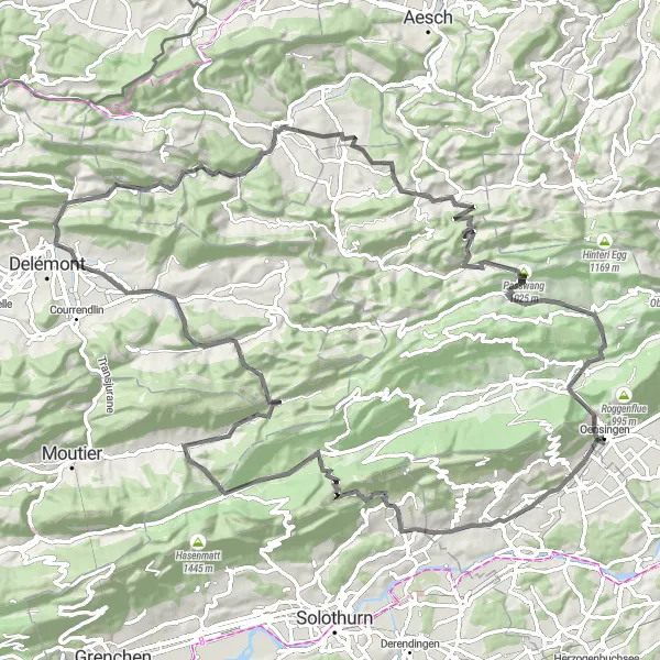 Miniatua del mapa de inspiración ciclista "Desafío en Carretera de Oensingen a Ruine Neu-Falkenstein" en Espace Mittelland, Switzerland. Generado por Tarmacs.app planificador de rutas ciclistas