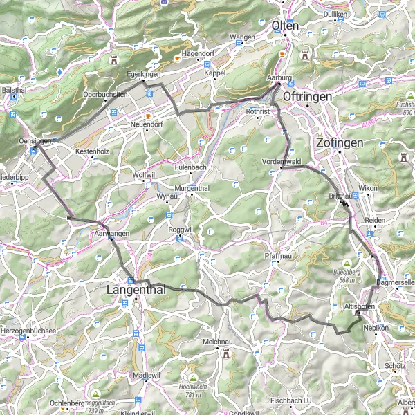 Miniatura della mappa di ispirazione al ciclismo "Viaggio attraverso villaggi e castelli" nella regione di Espace Mittelland, Switzerland. Generata da Tarmacs.app, pianificatore di rotte ciclistiche