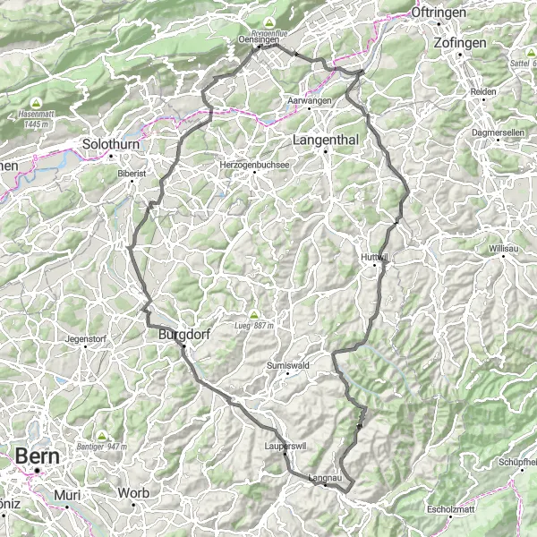 Miniatua del mapa de inspiración ciclista "Ruta de Ciclismo de Carretera a Lehnflue" en Espace Mittelland, Switzerland. Generado por Tarmacs.app planificador de rutas ciclistas
