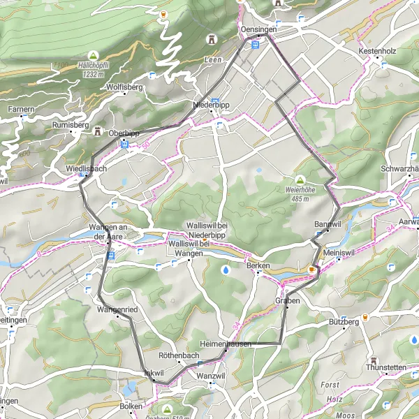 Mapa miniatúra "Cyklistická trasa okolo Oensingen" cyklistická inšpirácia v Espace Mittelland, Switzerland. Vygenerované cyklistickým plánovačom trás Tarmacs.app