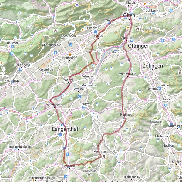 Miniatura della mappa di ispirazione al ciclismo "Giro in Gravel attraverso Känzeli e Aarburg" nella regione di Espace Mittelland, Switzerland. Generata da Tarmacs.app, pianificatore di rotte ciclistiche