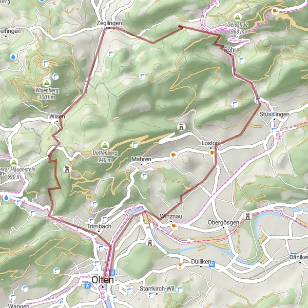 Miniatura della mappa di ispirazione al ciclismo "Gravel Route Olten - Zielemp - Geissflue - Leutschenberg - Rohr - Winznau - Känzeli" nella regione di Espace Mittelland, Switzerland. Generata da Tarmacs.app, pianificatore di rotte ciclistiche