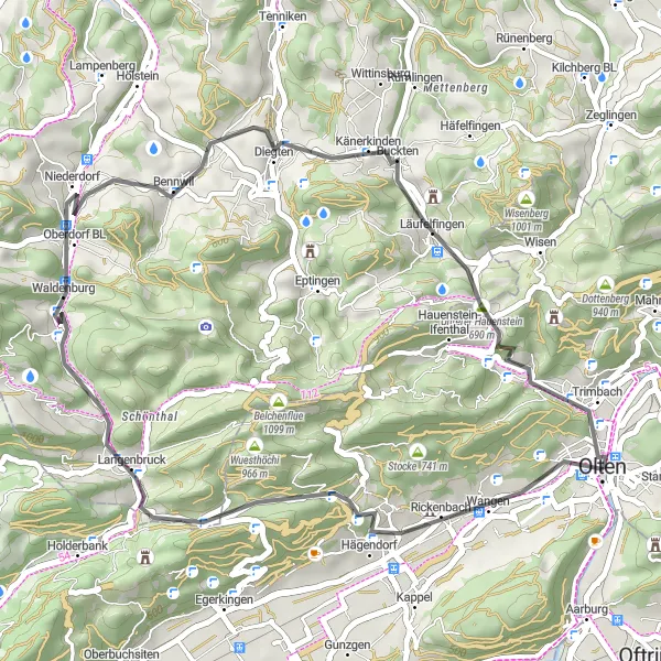 Map miniature of "The Rickenbach Challenge" cycling inspiration in Espace Mittelland, Switzerland. Generated by Tarmacs.app cycling route planner