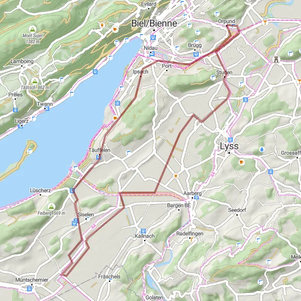 Zemljevid v pomanjšavi "Gravel potovanje skozi Worben in Jäissberg" kolesarske inspiracije v Espace Mittelland, Switzerland. Generirano z načrtovalcem kolesarskih poti Tarmacs.app