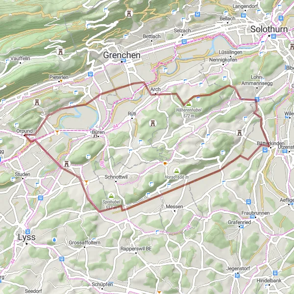 Zemljevid v pomanjšavi "Raznolika kolesarska avantura med gozdovi in polji" kolesarske inspiracije v Espace Mittelland, Switzerland. Generirano z načrtovalcem kolesarskih poti Tarmacs.app