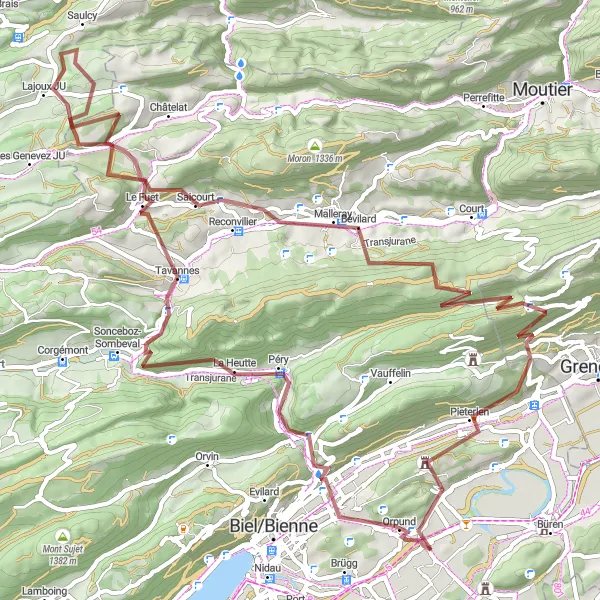 Miniatua del mapa de inspiración ciclista "Exploración de montañas y pueblos en el Jura suizo" en Espace Mittelland, Switzerland. Generado por Tarmacs.app planificador de rutas ciclistas