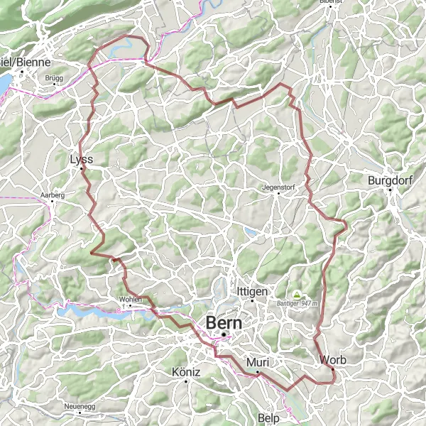 Miniaturní mapa "Krajina okolo Bernu" inspirace pro cyklisty v oblasti Espace Mittelland, Switzerland. Vytvořeno pomocí plánovače tras Tarmacs.app