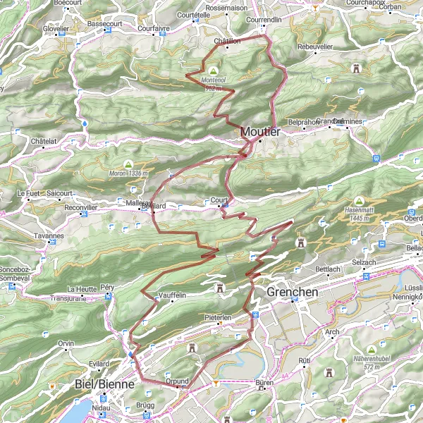 Miniatua del mapa de inspiración ciclista "Ruta de grava a través de Mont Girod y Châtillon" en Espace Mittelland, Switzerland. Generado por Tarmacs.app planificador de rutas ciclistas