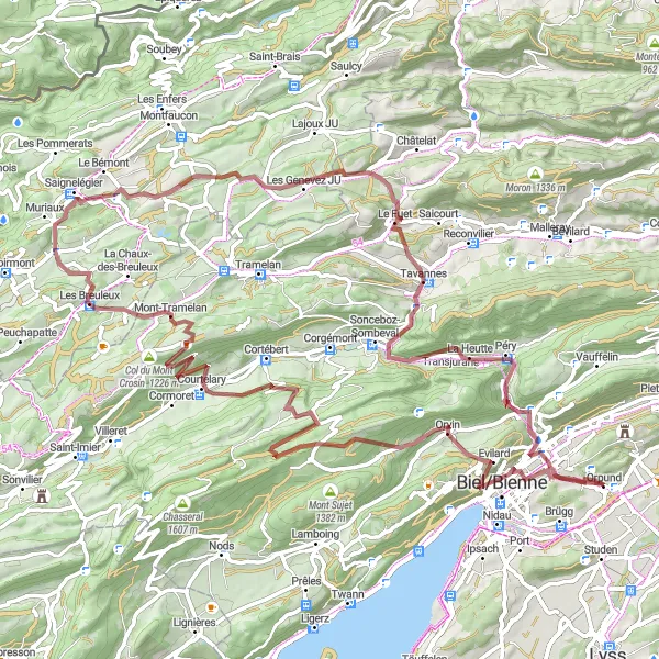 Map miniature of "The Jura Scenic Gravel Route" cycling inspiration in Espace Mittelland, Switzerland. Generated by Tarmacs.app cycling route planner