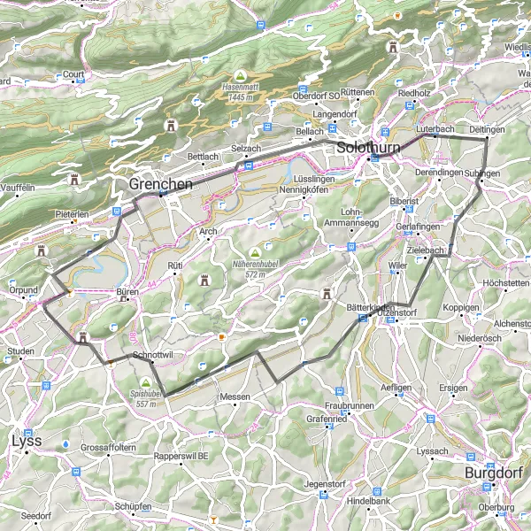 Miniatua del mapa de inspiración ciclista "Ruta escénica de 66 km a través de Zuchwil y Bätterkinden" en Espace Mittelland, Switzerland. Generado por Tarmacs.app planificador de rutas ciclistas