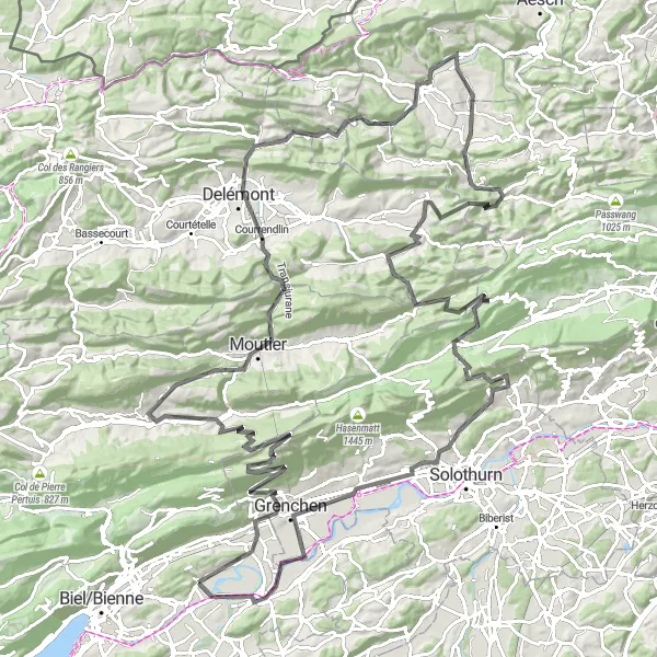 Miniaturní mapa "Významné památky Jura" inspirace pro cyklisty v oblasti Espace Mittelland, Switzerland. Vytvořeno pomocí plánovače tras Tarmacs.app