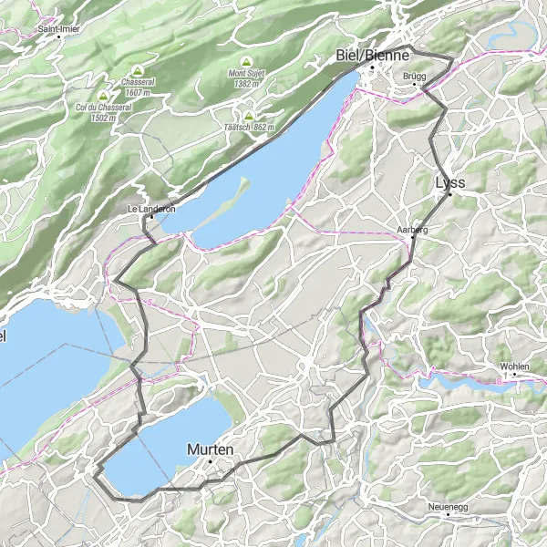 Miniatua del mapa de inspiración ciclista "Recorrido Panorámico por los Lagos" en Espace Mittelland, Switzerland. Generado por Tarmacs.app planificador de rutas ciclistas