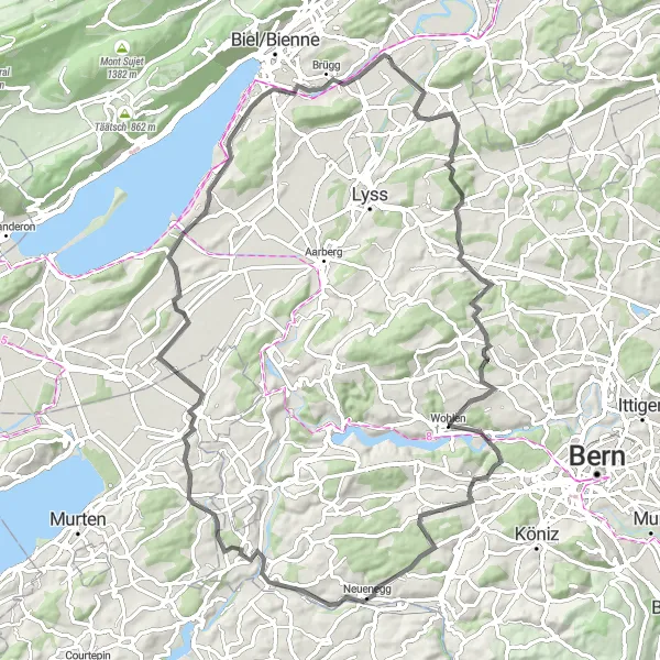 Miniatua del mapa de inspiración ciclista "Tour en carretera a través de Wohlen y Kerzers" en Espace Mittelland, Switzerland. Generado por Tarmacs.app planificador de rutas ciclistas