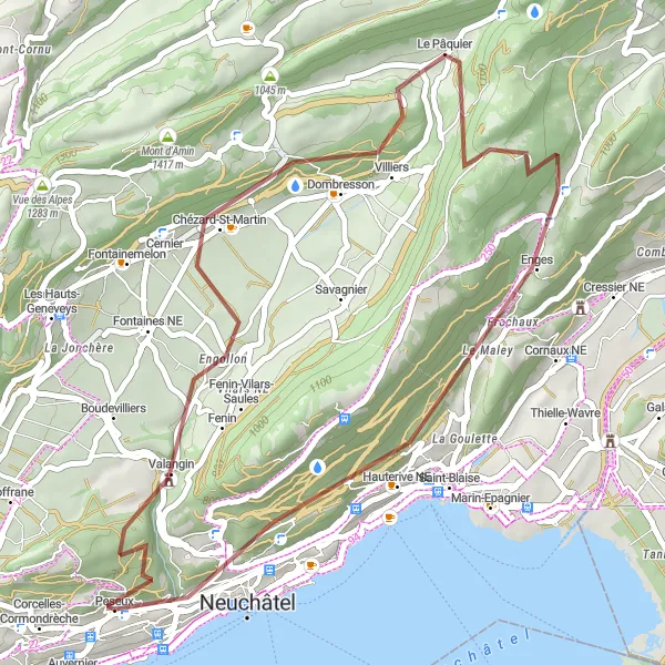Miniatua del mapa de inspiración ciclista "Ruta de Grava a través de Cernier y Peseux" en Espace Mittelland, Switzerland. Generado por Tarmacs.app planificador de rutas ciclistas