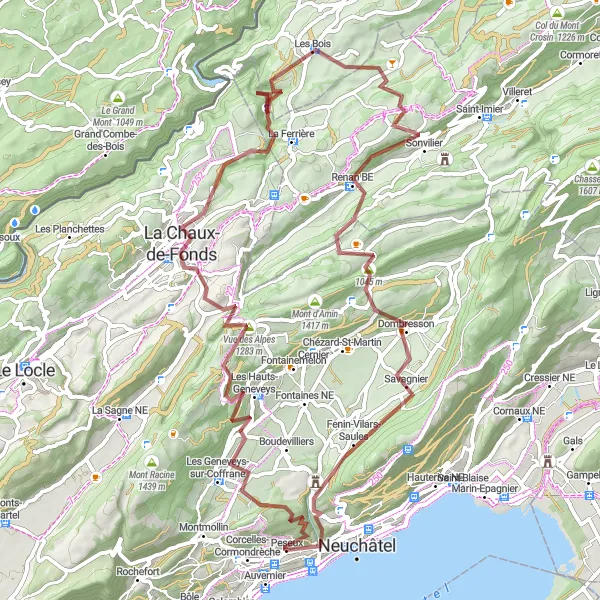 Mapa miniatúra "Výlet okolo Peseux cez Coffrane a Tête de Ran" cyklistická inšpirácia v Espace Mittelland, Switzerland. Vygenerované cyklistickým plánovačom trás Tarmacs.app