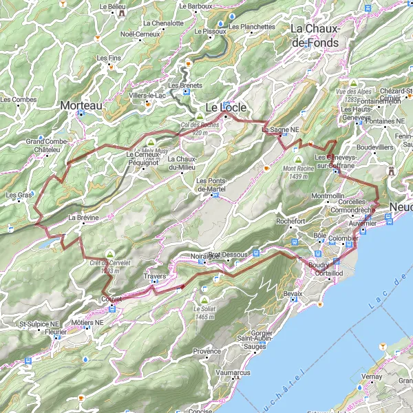 Miniatua del mapa de inspiración ciclista "Ruta de Grava a través de Couvet y Coffrane" en Espace Mittelland, Switzerland. Generado por Tarmacs.app planificador de rutas ciclistas