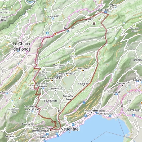 Miniatua del mapa de inspiración ciclista "Ruta de Grava a Peseux y alrededores" en Espace Mittelland, Switzerland. Generado por Tarmacs.app planificador de rutas ciclistas