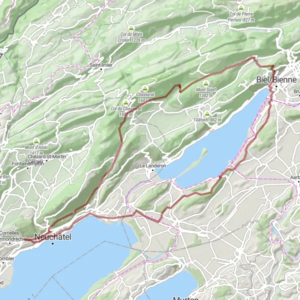 Map miniature of "The Gravel Lakeside Adventure" cycling inspiration in Espace Mittelland, Switzerland. Generated by Tarmacs.app cycling route planner