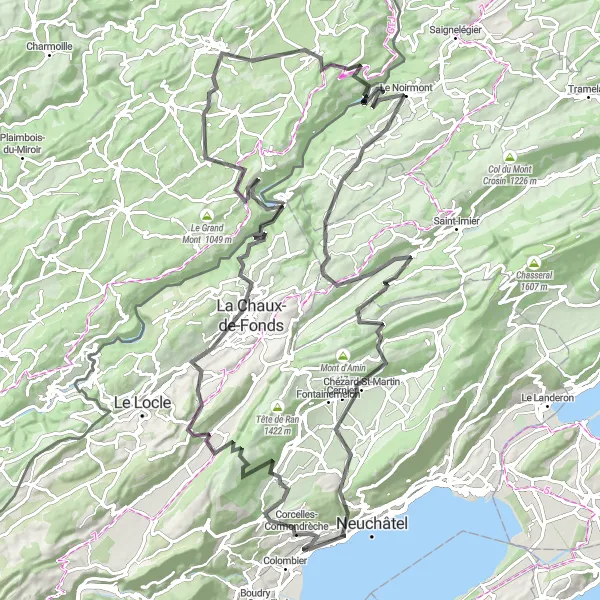 Miniatua del mapa de inspiración ciclista "Ruta de Carretera a través de Mont Racine y Les Bois" en Espace Mittelland, Switzerland. Generado por Tarmacs.app planificador de rutas ciclistas