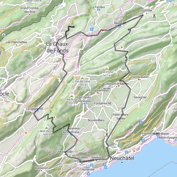 Map miniature of "Neuchâtel Hilly Loop" cycling inspiration in Espace Mittelland, Switzerland. Generated by Tarmacs.app cycling route planner