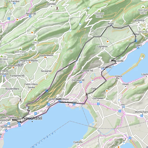 Miniatua del mapa de inspiración ciclista "Ruta de ciclismo en carretera hacia el lago Bienne" en Espace Mittelland, Switzerland. Generado por Tarmacs.app planificador de rutas ciclistas