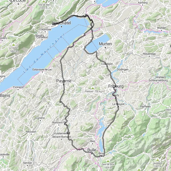 Map miniature of "Fribourg and Gruyères Loop" cycling inspiration in Espace Mittelland, Switzerland. Generated by Tarmacs.app cycling route planner