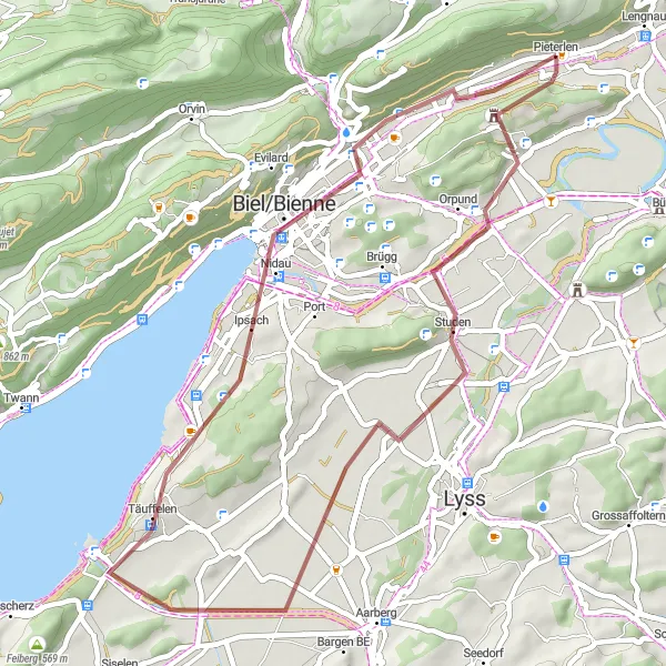 Miniaturní mapa "Gravel Route: Pieterlen - Worben - Sutz-Lattrigen - Biel/Bienne - Oberes Ried" inspirace pro cyklisty v oblasti Espace Mittelland, Switzerland. Vytvořeno pomocí plánovače tras Tarmacs.app