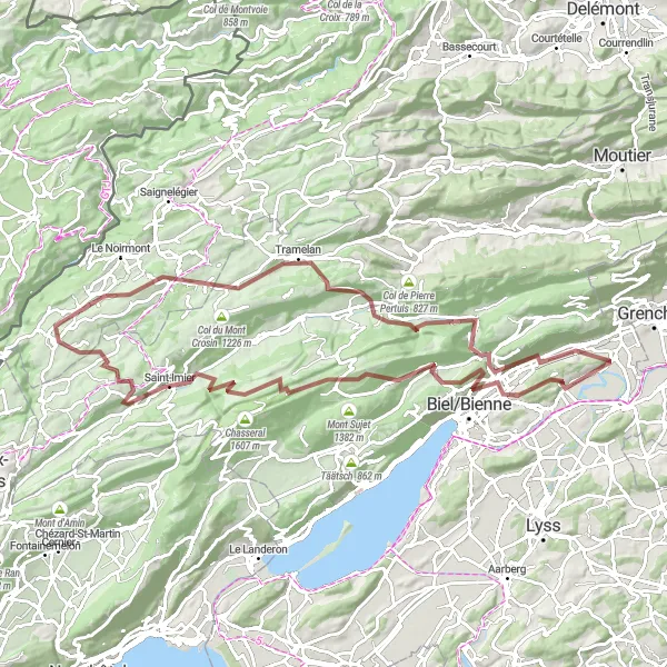 Miniature de la carte de l'inspiration cycliste "Les Montagnes du Jura" dans la Espace Mittelland, Switzerland. Générée par le planificateur d'itinéraire cycliste Tarmacs.app