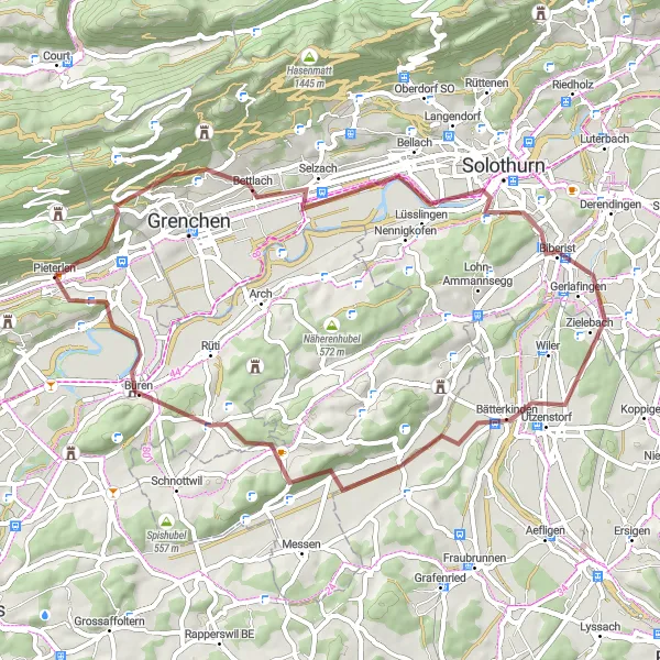 Miniaturní mapa "Gravel Route: Pieterlen - Gäschlerflue - Bettlach - Hunnenberg - Zielebach - Bätterkinden - Hubel - Schlosshubel - Meini" inspirace pro cyklisty v oblasti Espace Mittelland, Switzerland. Vytvořeno pomocí plánovače tras Tarmacs.app