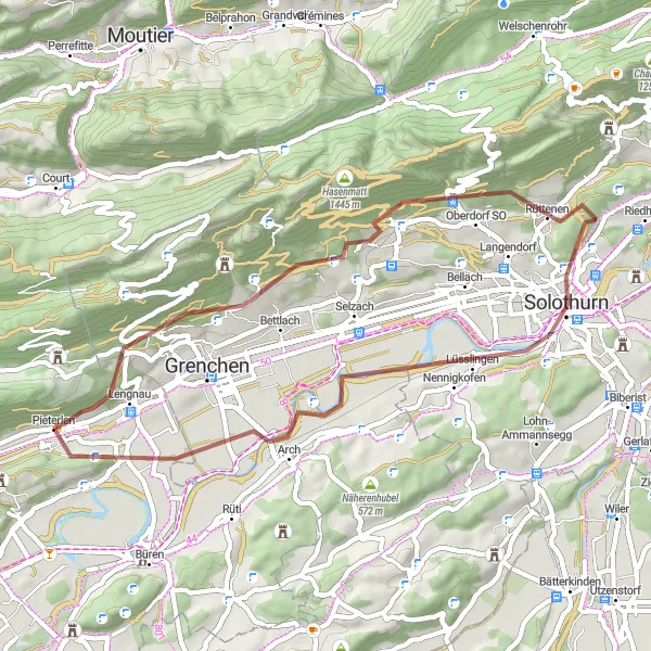 Miniaturekort af cykelinspirationen "Grusvej gennem skovene rute" i Espace Mittelland, Switzerland. Genereret af Tarmacs.app cykelruteplanlægger