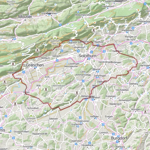 Miniaturní mapa "Gravel Route: Pieterlen - Geissflue - Brästenberg - Aeschi - Wiler - Hubel - Büren - Schlosshubel" inspirace pro cyklisty v oblasti Espace Mittelland, Switzerland. Vytvořeno pomocí plánovače tras Tarmacs.app