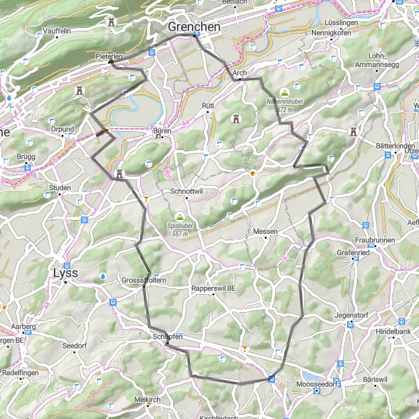 Miniatua del mapa de inspiración ciclista "Ruta de ciclismo de carretera con impresionantes vistas" en Espace Mittelland, Switzerland. Generado por Tarmacs.app planificador de rutas ciclistas