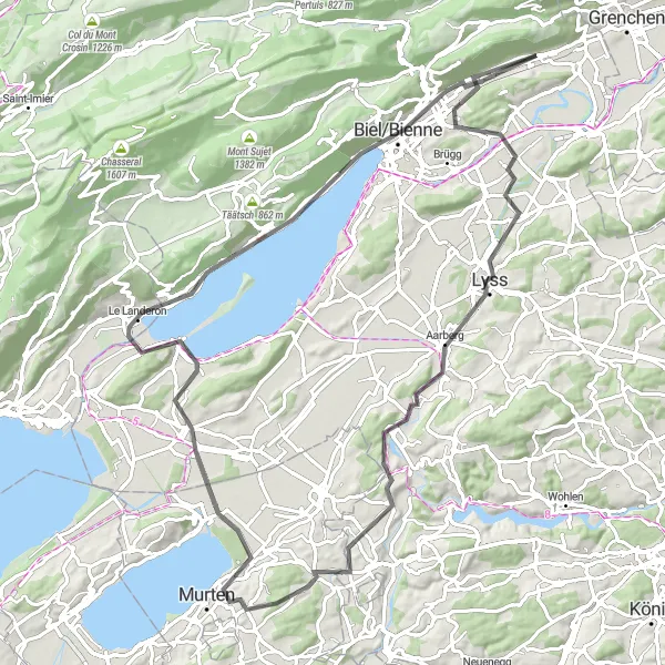Karttaminiaatyyri "Maisemallinen ja monipuolinen maantiekierros" pyöräilyinspiraatiosta alueella Espace Mittelland, Switzerland. Luotu Tarmacs.app pyöräilyreittisuunnittelijalla
