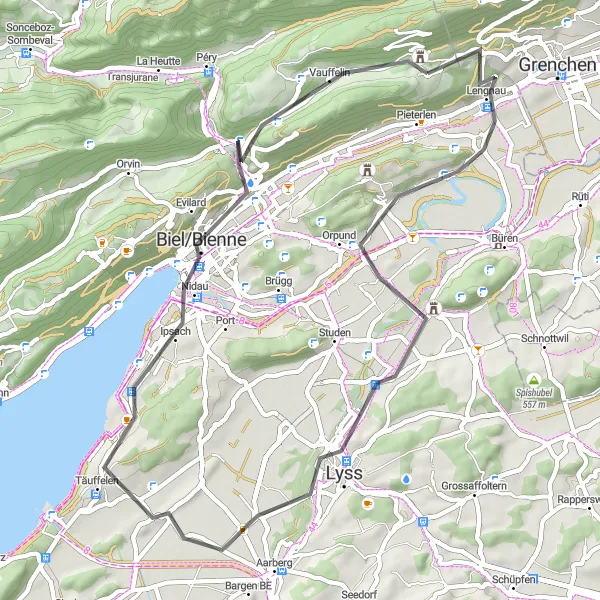 Miniatua del mapa de inspiración ciclista "Ruta de ciclismo de carretera con hermosas vistas cerca de Pieterlen" en Espace Mittelland, Switzerland. Generado por Tarmacs.app planificador de rutas ciclistas