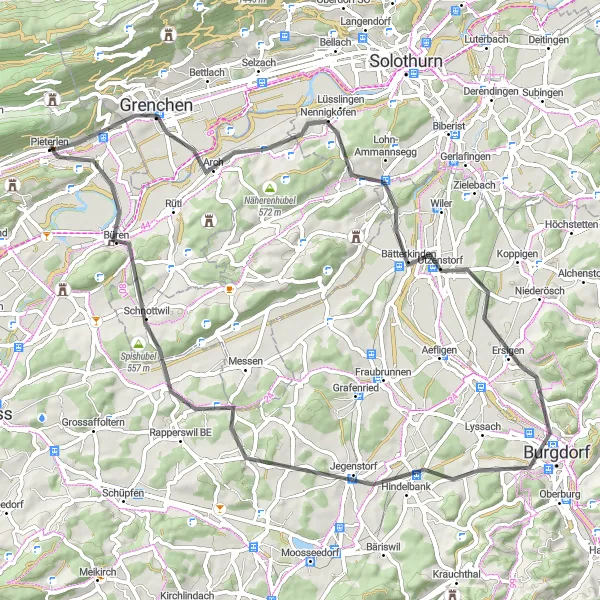 Miniatura della mappa di ispirazione al ciclismo "Giro in bici su strada attraverso Burgdorf" nella regione di Espace Mittelland, Switzerland. Generata da Tarmacs.app, pianificatore di rotte ciclistiche