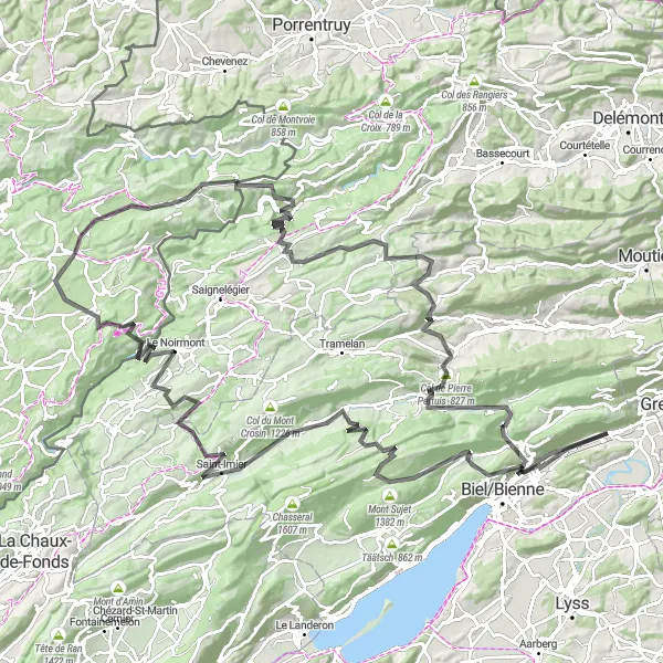 Kartminiatyr av "Rundtur til Col de Pierre Pertuis" sykkelinspirasjon i Espace Mittelland, Switzerland. Generert av Tarmacs.app sykkelrutoplanlegger