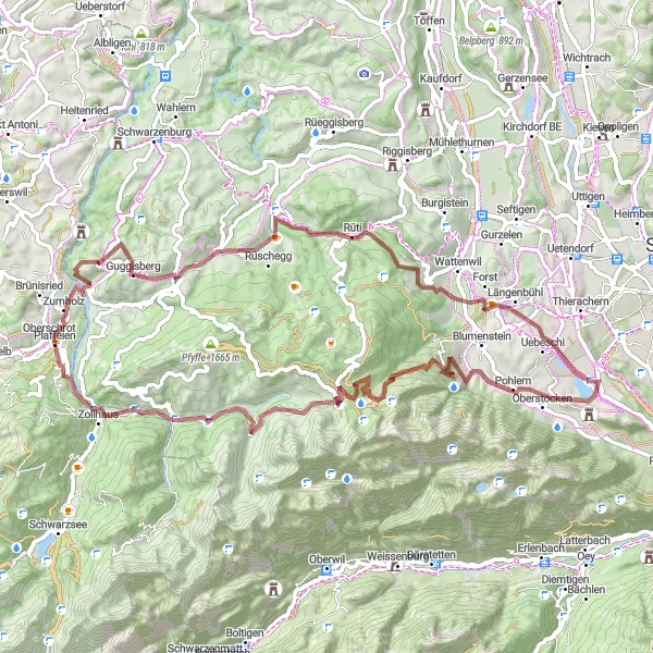 Miniature de la carte de l'inspiration cycliste "Boucle des cols fribourgeois" dans la Espace Mittelland, Switzerland. Générée par le planificateur d'itinéraire cycliste Tarmacs.app
