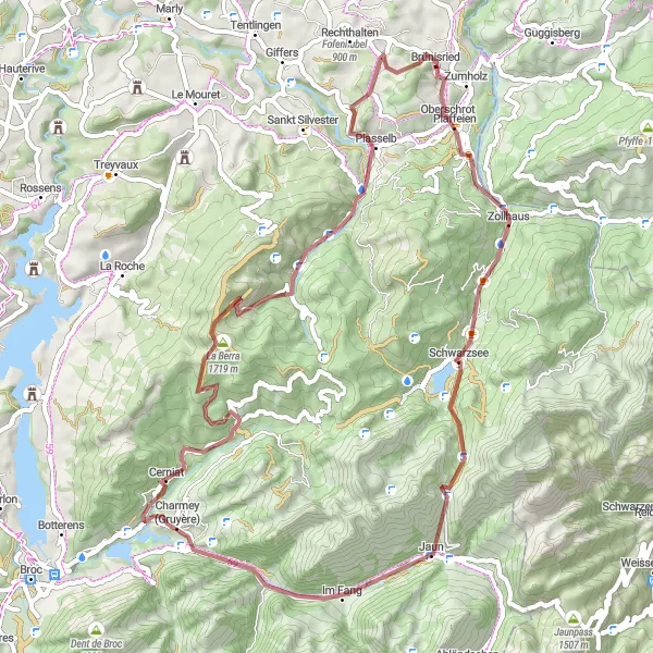 Miniatua del mapa de inspiración ciclista "Ruta de ciclismo de 62 km en grava desde Plaffeien" en Espace Mittelland, Switzerland. Generado por Tarmacs.app planificador de rutas ciclistas