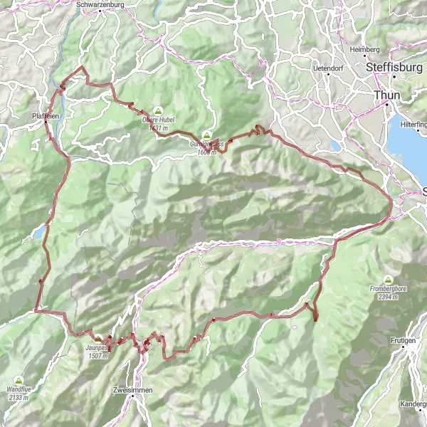 Mapa miniatúra "Gravel trasa cez Diemtigen a Schwarzsee" cyklistická inšpirácia v Espace Mittelland, Switzerland. Vygenerované cyklistickým plánovačom trás Tarmacs.app