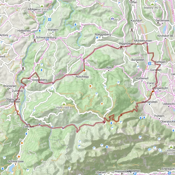 Miniatura mapy "Trasa Gravelowa dookoła Plaffeien" - trasy rowerowej w Espace Mittelland, Switzerland. Wygenerowane przez planer tras rowerowych Tarmacs.app