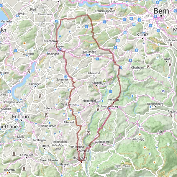 Miniatua del mapa de inspiración ciclista "Ruta de Grava a través de Sankt Antoni y Zumholz" en Espace Mittelland, Switzerland. Generado por Tarmacs.app planificador de rutas ciclistas