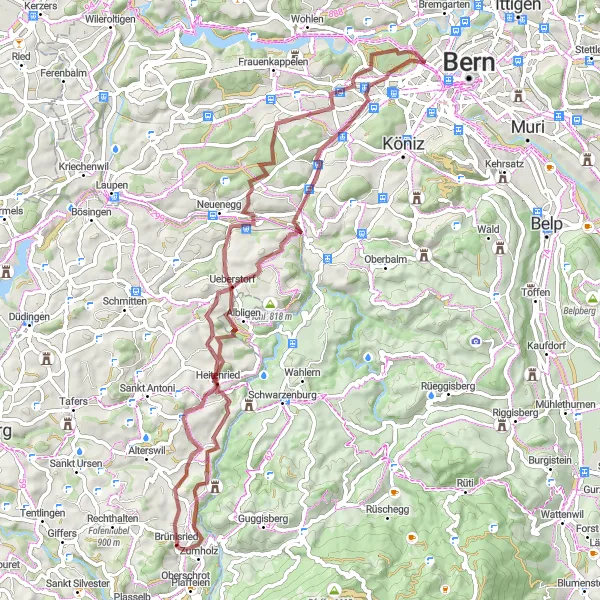 Miniature de la carte de l'inspiration cycliste "Tour des Châteaux de la vallée de la Sense" dans la Espace Mittelland, Switzerland. Générée par le planificateur d'itinéraire cycliste Tarmacs.app