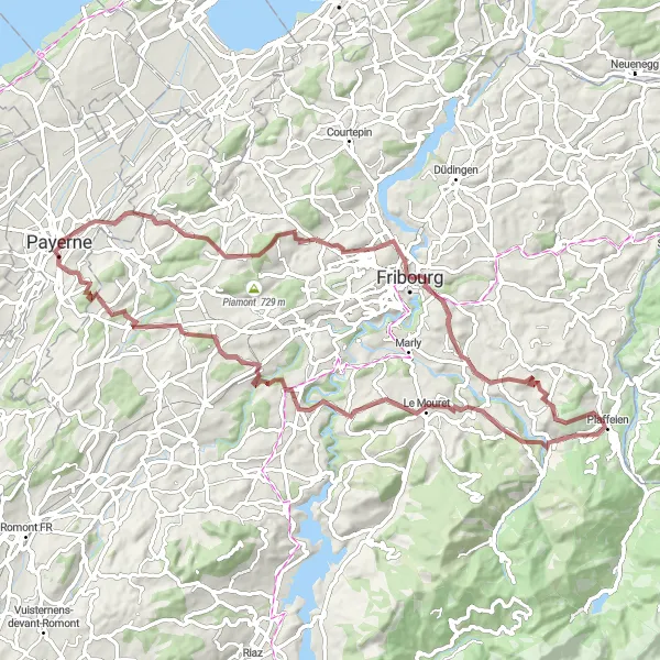 Miniatua del mapa de inspiración ciclista "Aventura en Grava pasando por Fribourg" en Espace Mittelland, Switzerland. Generado por Tarmacs.app planificador de rutas ciclistas