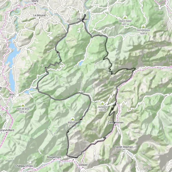 Miniatura della mappa di ispirazione al ciclismo "Tour biciclettistico intorno a Plaffeien" nella regione di Espace Mittelland, Switzerland. Generata da Tarmacs.app, pianificatore di rotte ciclistiche