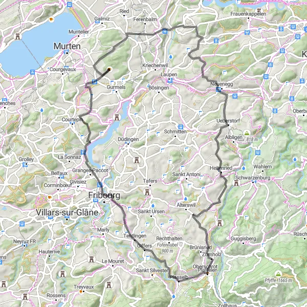 Miniatua del mapa de inspiración ciclista "Ruta de ciclismo de 78 km en carretera desde Plaffeien" en Espace Mittelland, Switzerland. Generado por Tarmacs.app planificador de rutas ciclistas