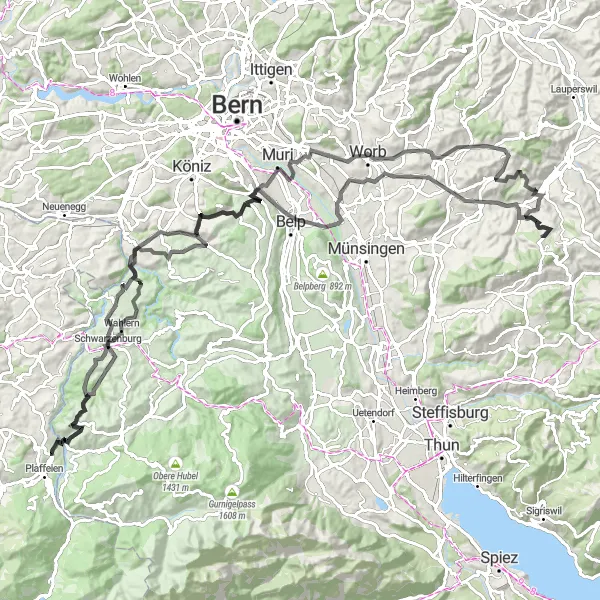 Miniatura della mappa di ispirazione al ciclismo "Giro in bicicletta nei dintorni di Plaffeien" nella regione di Espace Mittelland, Switzerland. Generata da Tarmacs.app, pianificatore di rotte ciclistiche