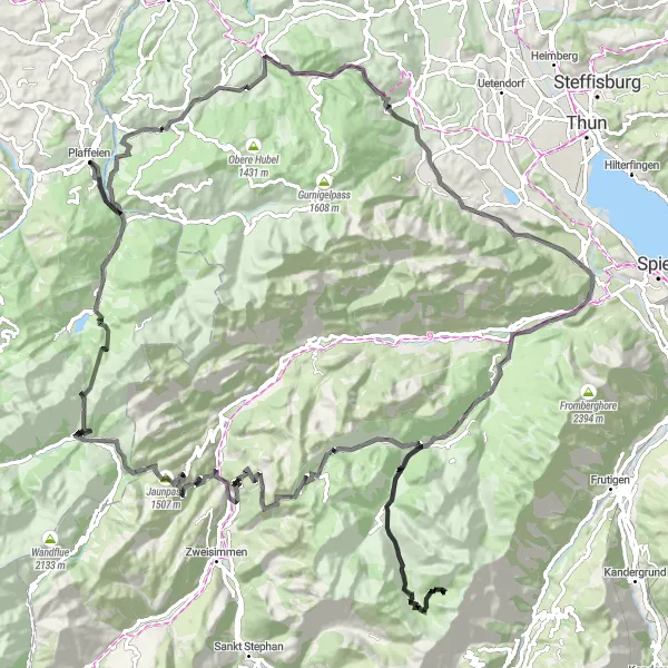 Miniatua del mapa de inspiración ciclista "Ruta de montaña de Jaunpass" en Espace Mittelland, Switzerland. Generado por Tarmacs.app planificador de rutas ciclistas