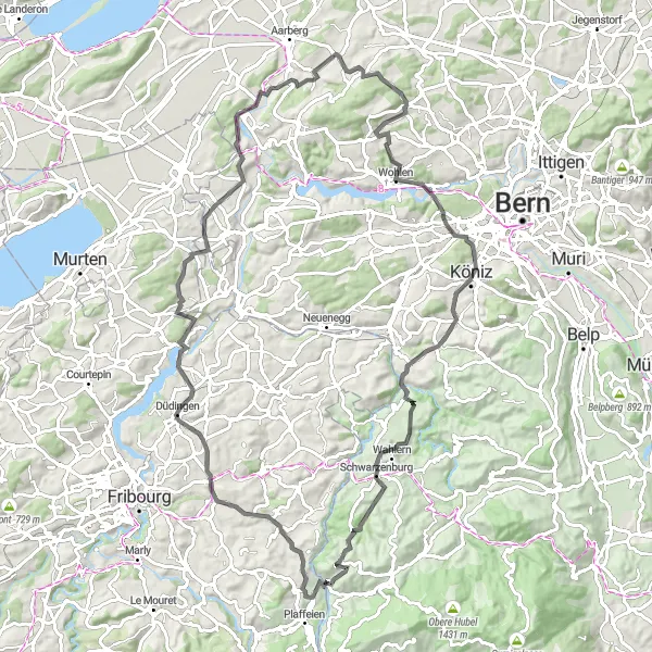 Miniatura della mappa di ispirazione al ciclismo "Avventura ciclistica tra Düdingen e Schwarzenburg" nella regione di Espace Mittelland, Switzerland. Generata da Tarmacs.app, pianificatore di rotte ciclistiche